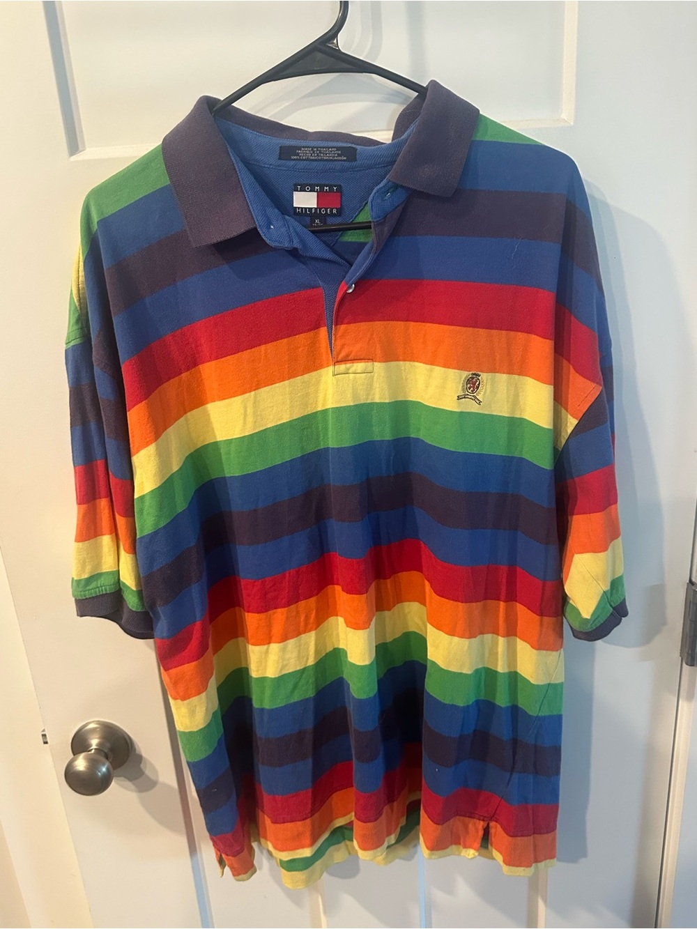 Tommy Hilfiger Mens Vintage Crest Logo Polo Shirt Rainbow Striped EUC Size XL